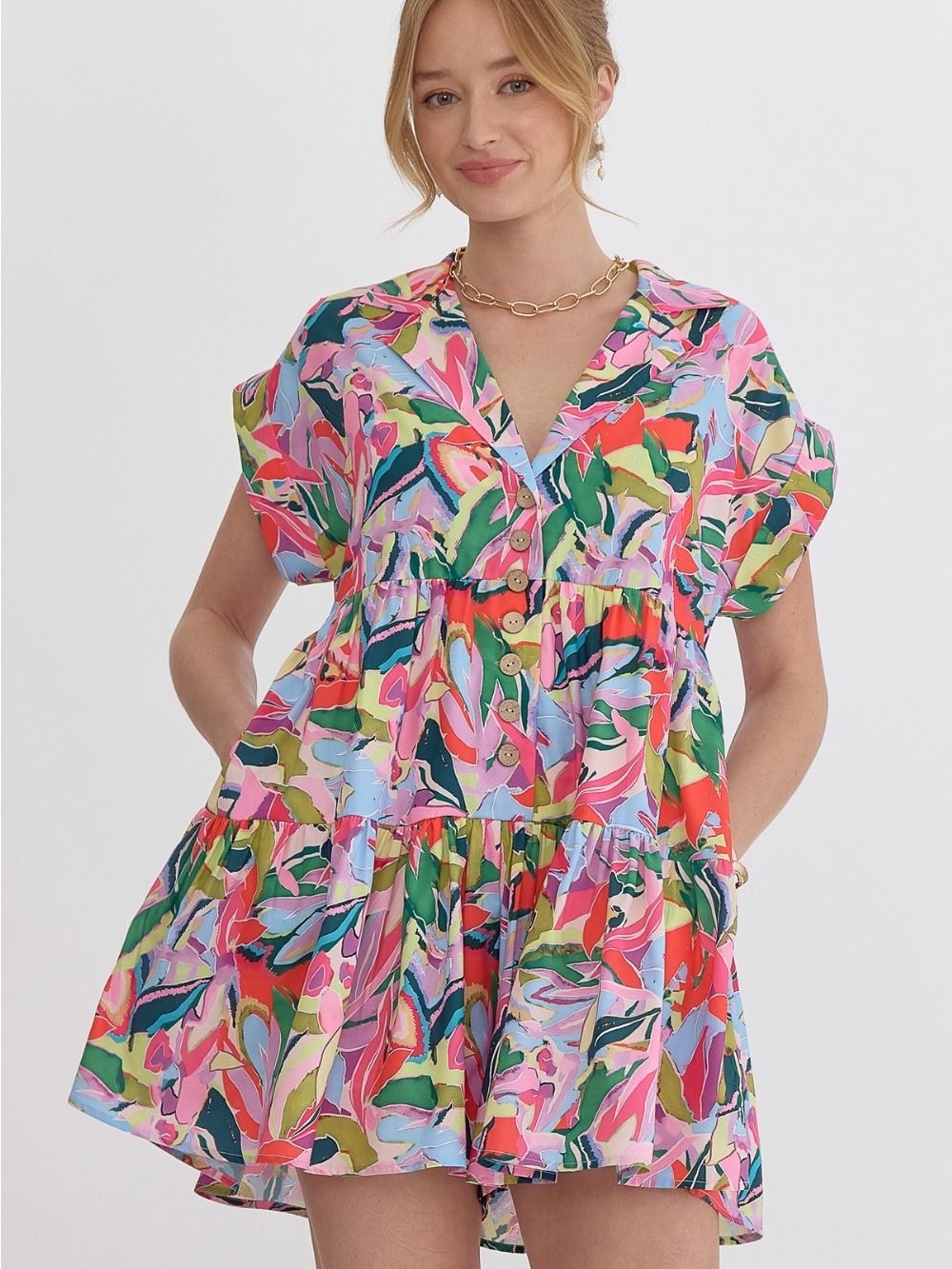 entro Bright Floral Tiered Mini Dress Romper in Pink, Green & Blue
